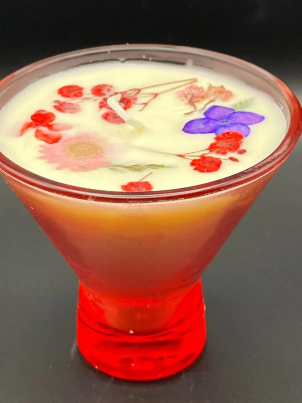 Crimson Bloom Martini Glass Candle with Mixed Pressed Florals